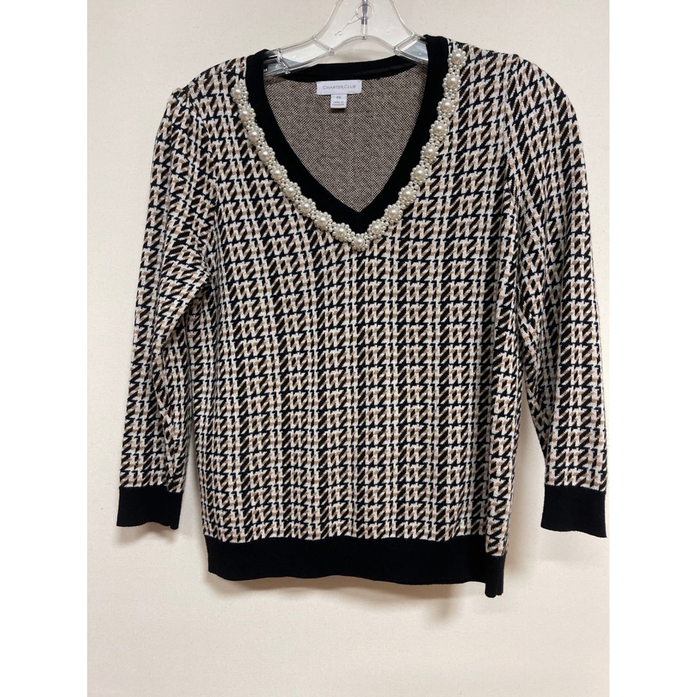 Charter Club Petite Pearl Embellished Houndstooth V-Neck Sweater Black Tan PS